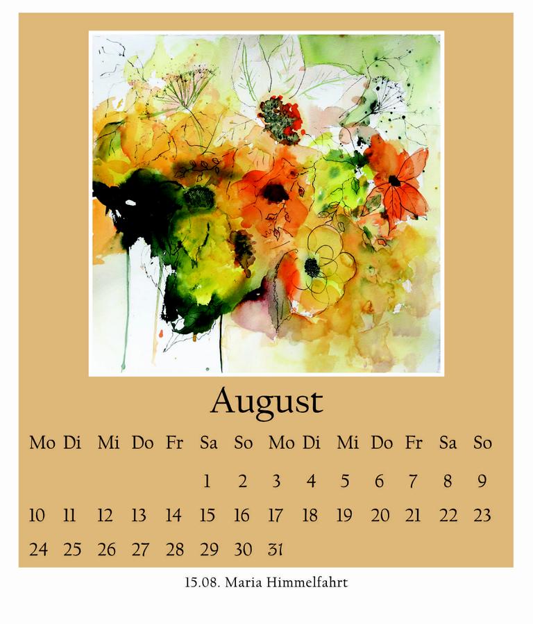Aquarellmalerei mit sommerlichen Blumen in Gelb, Orange, Grün und Rot über einem Kalenderblatt für den Monat August mit dem Hinweis auf Maria Himmelfahrt am 15. August 2026.