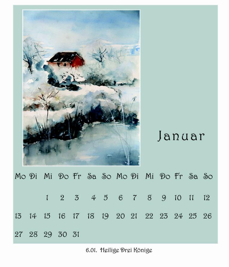 Winterliche Aquarellszene mit rotem Haus am Wasser, umgeben von kahlen Bäumen und verschneiter Landschaft. Der Himmel ist grau, das Wasser still, die Stimmung ruhig und klar. Das Bild vermittelt eine stille, frostige Januaratmosphäre.