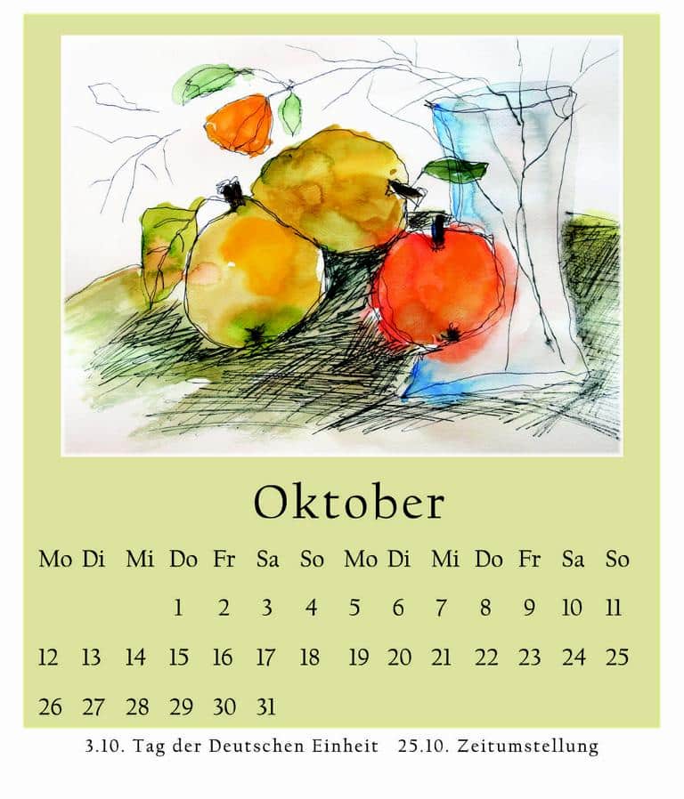Von der Künstlerin Karen Lang gemaltes Kalenderblatt für Oktober 2026: frisch geerntetes Obst auf dem Tisch