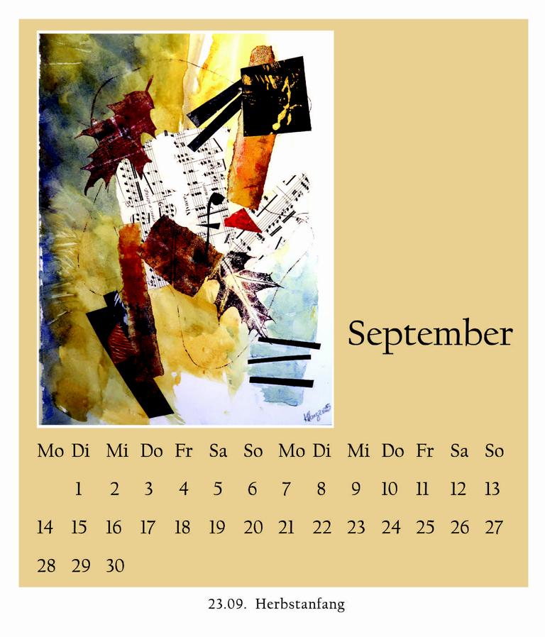 Kalenderblatt für September mit abstrakter Herbstillustration und Hinweis auf den Herbstanfang am 23. September.