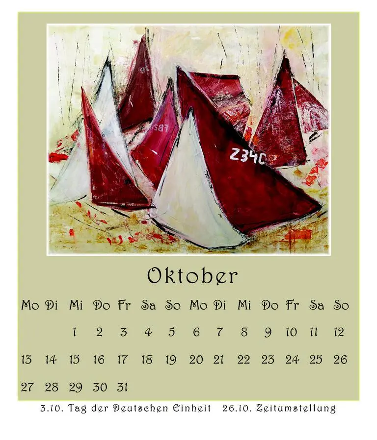 Karen Lang malt unter Segel gesetzte Boote - die Segeltücher ausschließlich rot und weiß - auf in Herbststürmen tanzendem Wasser.