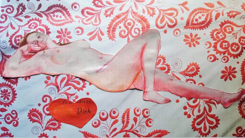 Die Entwicklung des Bildes nimmt Fahrt auf. Das Modell liegt nackt am Boden mit angewinkeltem Bein, um die Scham zu verstecken. Nun entsteht der Hintergrund. Passend zum Valentinstag entstehen Lilien rundum den Körper - nichts königsblau, aber liebend-rot.
