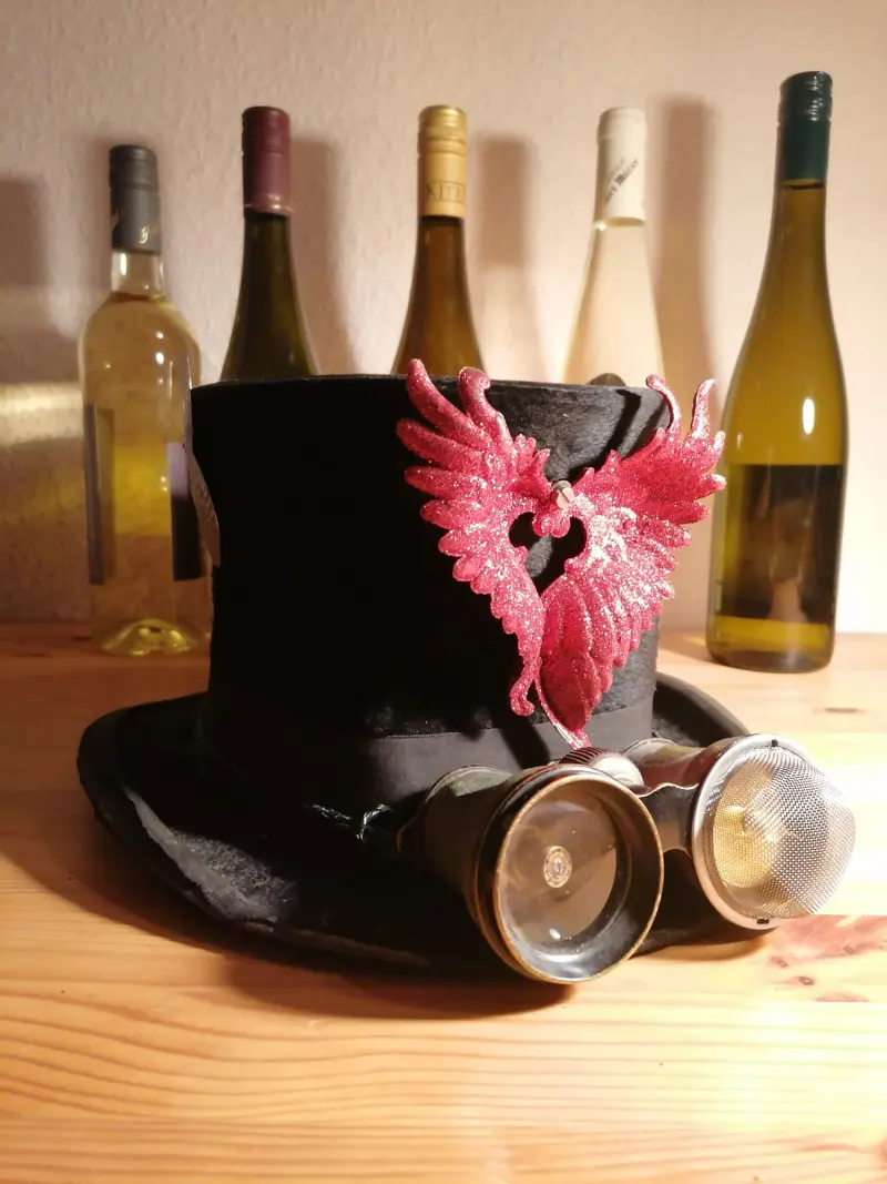 Blog your purpose: Was ist meine Bestimmung? Der Zylinder zeigt die Zeitreisende mit roten Flügeln am Kopfteil und dem Fernglas auf der Krempe.