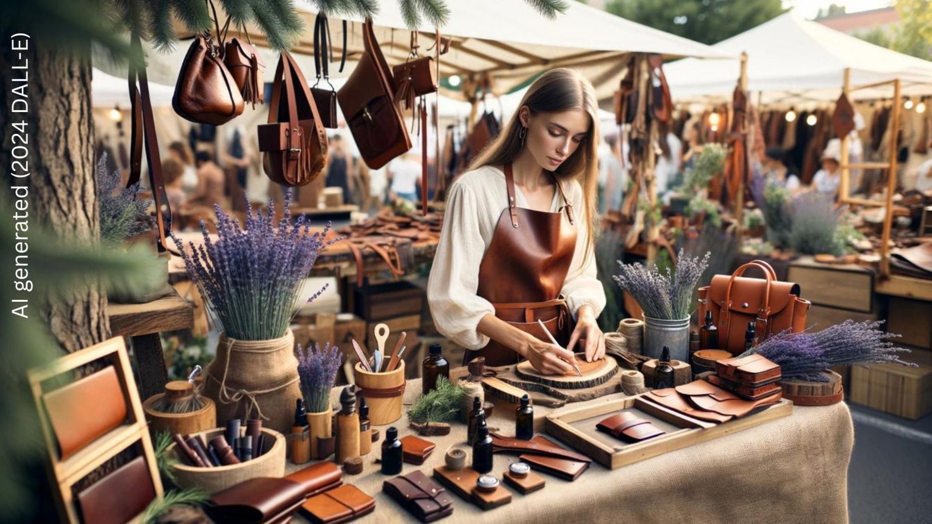 Gestaltungstipp: Mach deine Kunst lebendig mit dem Zauber von Düften! Auf dem Bild zu sehen ist eine Kunsthandwerkerin des Lederhandwerks. Sie lockt Kunden an, indem sie Düfte wie Lavendel, Zedernholz oder Vanille einsetzt. Das betört die Sinne und Besucher kommen garantiert gerne wieder.