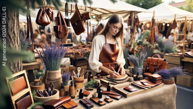 Gestaltungstipp: Mach deine Kunst lebendig mit dem Zauber von Düften! Auf dem Bild zu sehen ist eine Kunsthandwerkerin des Lederhandwerks. Sie lockt Kunden an, indem sie Düfte wie Lavendel, Zedernholz oder Vanille einsetzt. Das betört die Sinne und Besucher kommen garantiert gerne wieder.