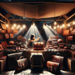 Gestaltungstipp: Wähle ein passendes Lichtkonzept, denn Licht lockt Leute. Dargestellt ist ein Marktstand mit Lederhandwerk, fotorealistisch, das Taschen, Geldbörsen, Brieftaschen und Etuis aus Leder mit der Kunsthandwerkerin der Mitte. Weil Abend ist, braucht es ein passendes Lichtkonzept - zwei Spotlights und viele kleine Lampen, die diffuses Licht spenden.