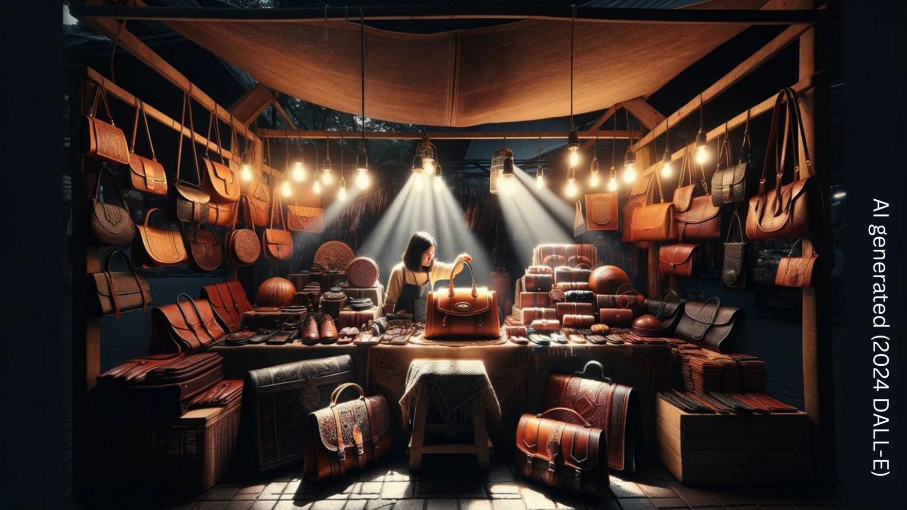 Gestaltungstipp: Wähle ein passendes Lichtkonzept, denn Licht lockt Leute. Dargestellt ist ein Marktstand mit Lederhandwerk, fotorealistisch, das Taschen, Geldbörsen, Brieftaschen und Etuis aus Leder mit der Kunsthandwerkerin der Mitte. Weil Abend ist, braucht es ein passendes Lichtkonzept - zwei Spotlights und viele kleine Lampen, die diffuses Licht spenden.