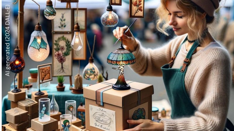 Gestaltungstipp: Verpacke mit Pepp und Persönlichkeit heißt dieses Kapitel der Gestaltungsfibel, das Künstler, Kunsthandwerker und Designer, die auf Kunstmärkten und Events verkaufen, dazu einlädt, ihre Kunstwerke wie ein Geschenk zu verpacken.