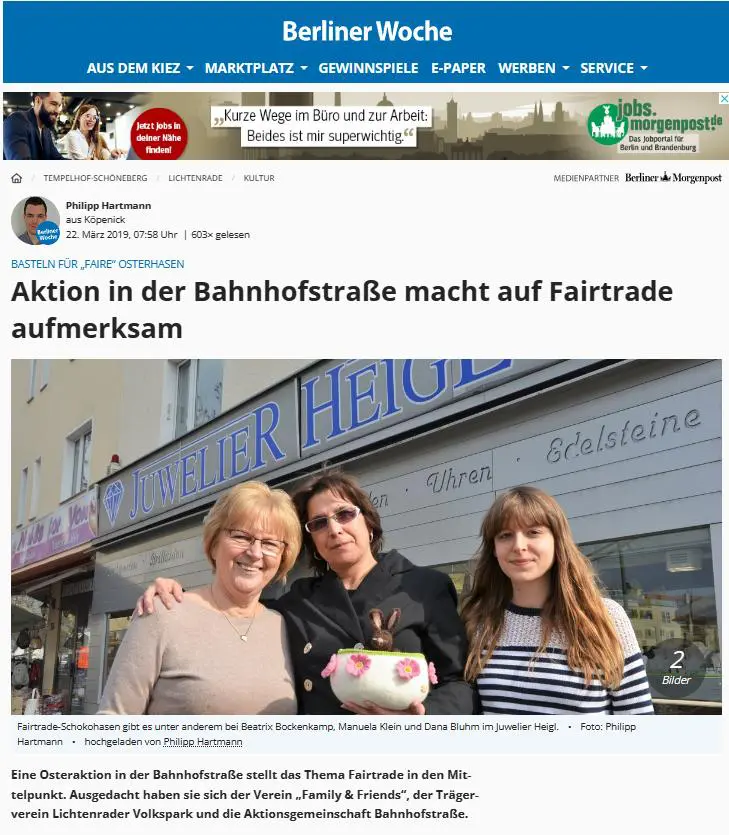 Die Kinder möchten Osterschmuck basteln und in einen der Ostersträuche in den Schaufenstern der Geschäfte in der Bahnhofstraße Berlin-Lichtenrade hängen. Im Austausch bekommen sie eine Dankeschön-Schokolade.