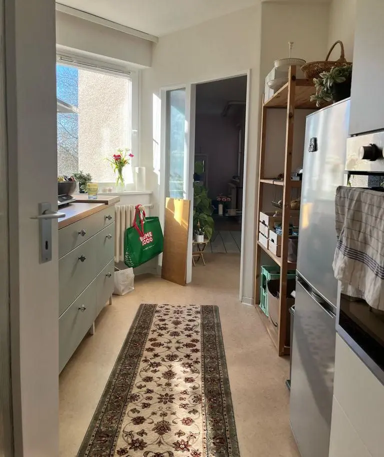 Beim Töchterchen Nummer 3 entsteht die Küche bzw. sie ist praktisch fertig und kaum vom Wohnzimmer zu unterscheiden - links die Spüle und die Geräte in den Schränken, rechts der grau-metallische Kühlschrank, die Ofen und der Zwei-Platten-Kocher.