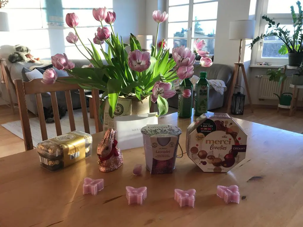 Im zweiten Bild der Serie 12von12 im April 2025: Vorfristiger Ostertisch mit beinahe verblühten Tulpen, rosa eingefärbten Schmetterlingen als Kerzen, Ostersüßigkeiten und Pflanzensamen für den Garten, damit sich die Bienen daran erfreuen - das alles im Sonnenschein!