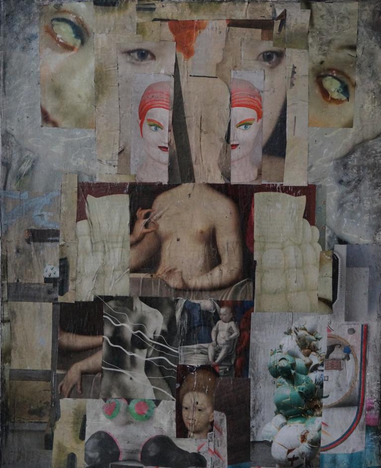 Collage von Angela Hoffmann mit Körperfragmenten, Skulptur und abstrakten Formen – künstlerische Reflexion über Identität und Selbstwahrnehmung