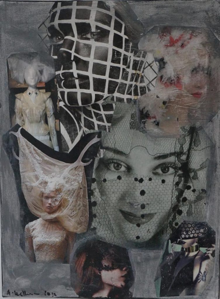 Collage von Angela Hoffmann: Modeelemente, Gesicht mit Raster, Mannequins und Texturen – künstlerische Reflexion über Weiblichkeit und Selbstbild