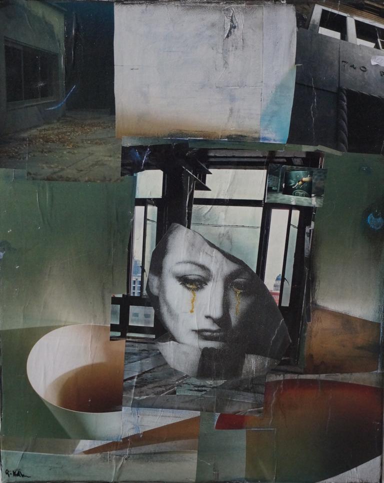 Collage von Angela Hoffmann: Innen- und Außenräume mit urbaner Szenerie, abstrakten Farbflächen und architektonischen Details – stille Spannung zwischen Sichtbarkeit und Rückzug