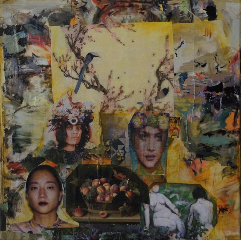Collage mit Vogel auf Zweigen, Pfirsichkorb, geometrischen Mustern und zwei nackten Figuren – poetische Reflexion über Natur, Sinnlichkeit und Erinnerung