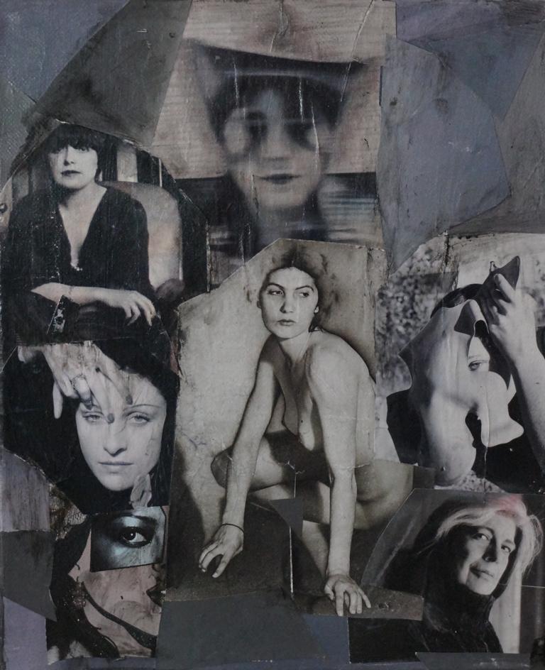 Collage von Angela Hoffmann mit Frauenfiguren in Schwarz-Weiß, Pferdekopf und abstrakten Formen – Reflexion über Körper, Rollenbilder und innere Stärke