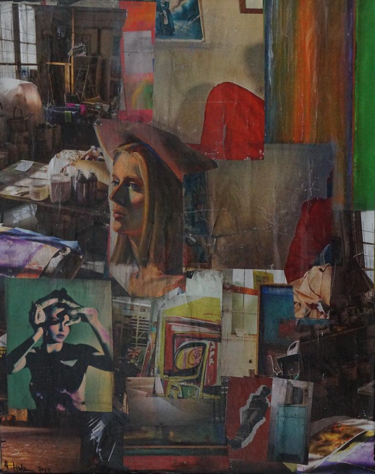 Collage mit Atelieransicht, Kunstmaterialien, Fotografien und abstrakten Gemälden – Hommage an den kreativen Prozess und die Vielfalt künstlerischer Ausdrucksformen