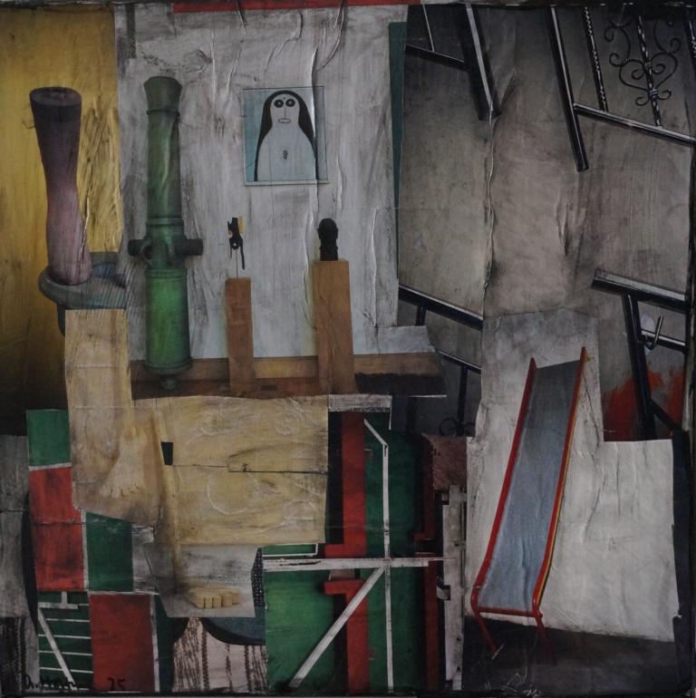 Collage mit grünem Rohr, Holzplanken, geometrischen Formen und industriellen Strukturen – visuelle Erkundung von Raum, Materialität und fragmentierter Erinnerung