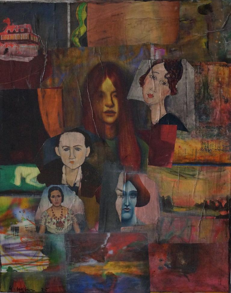 Bunte Collage mit Schiff, abstrakten Formen und einer Person in gemusterter Kleidung – visuelle Reise durch Fantasie, Identität und Bewegung