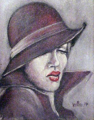 Gemaltes Portrait einer Person mit breitem dunklem Hut; roter Lippenakzent, abgewandter Blick, ruhige melancholische Stimmung