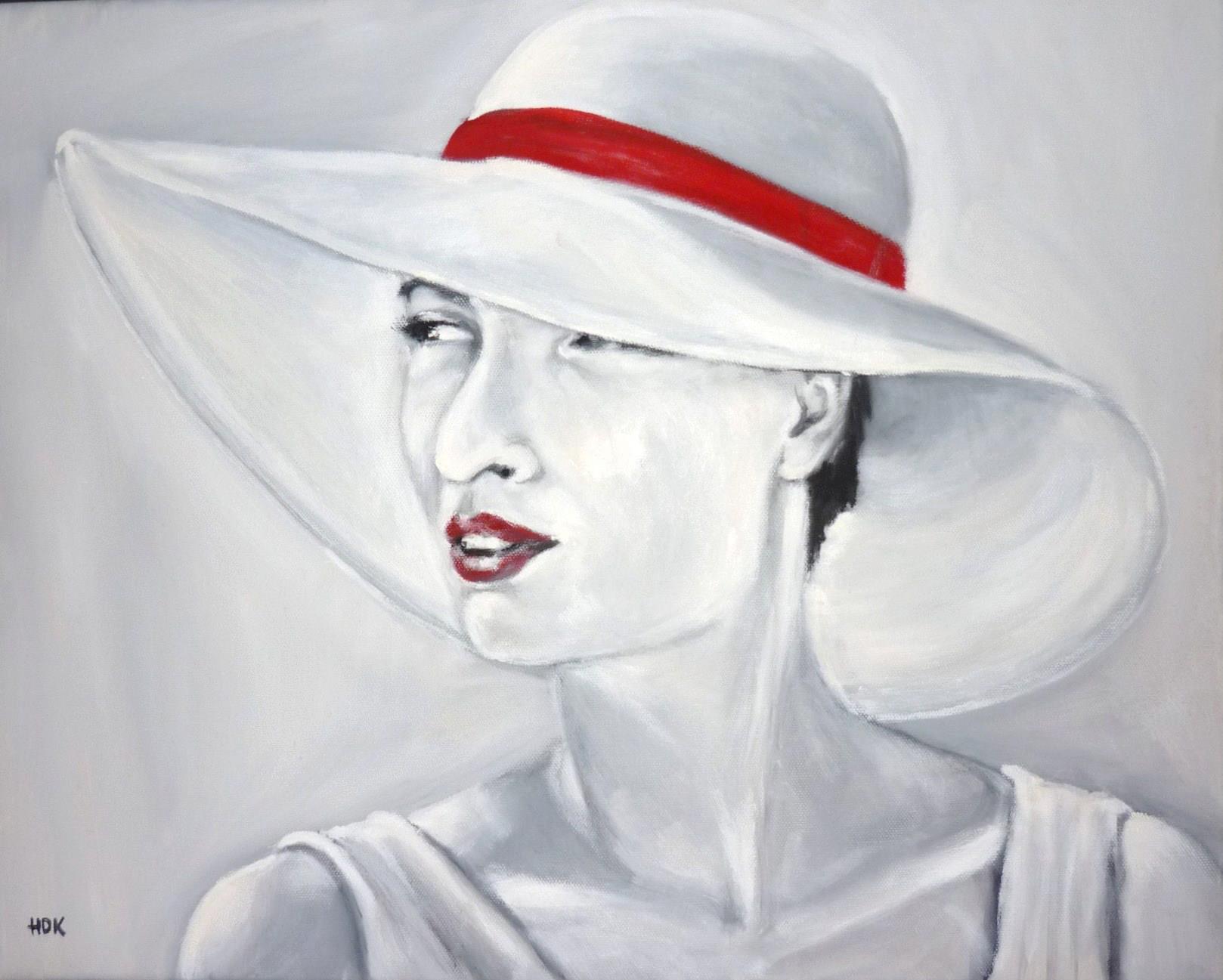Gemaltes Portrait mit breitem weißem Hut und rotem Hutband; Blick leicht abgewandt, ruhige Eleganz
