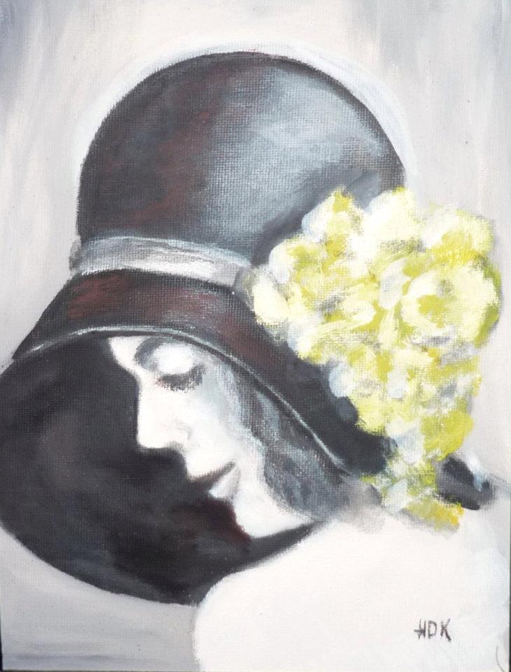 Profilportrait mit dunklem Hut und gelben Blumen, gemalt in Grautönen. Der Künstler? HDK.