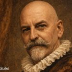 Gemaltes Selbstportrait von HDK mit schräg sitzendem Rundhut vor orangefarbenem Hintergrund; ruhiger, konzentrierter Blick