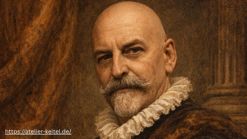 Gemaltes Selbstportrait von HDK mit schräg sitzendem Rundhut vor orangefarbenem Hintergrund; ruhiger, konzentrierter Blick